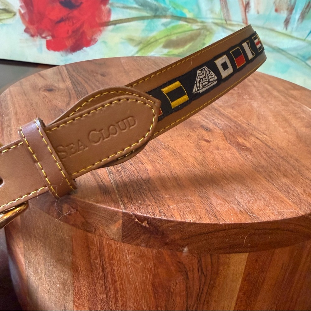 NEW SEA CLOUD Brown Leather Belt Sailing Boat Yacht Nautical Flag Design 85"